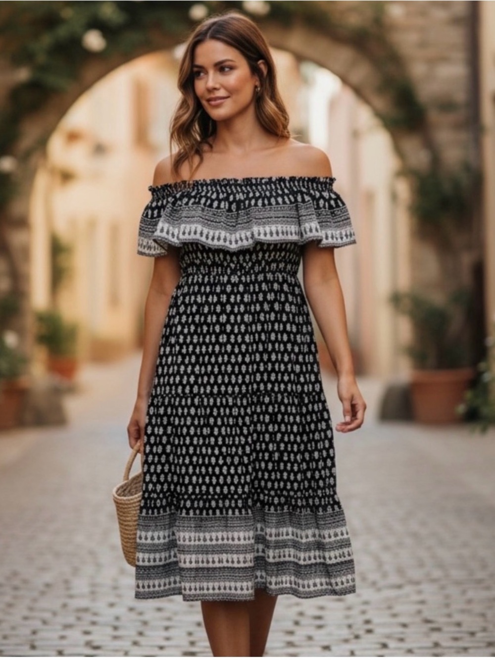 CUPSHE NWT Off-Shoulder Maxi Dress Black & White Boho Ruffle Size Medium